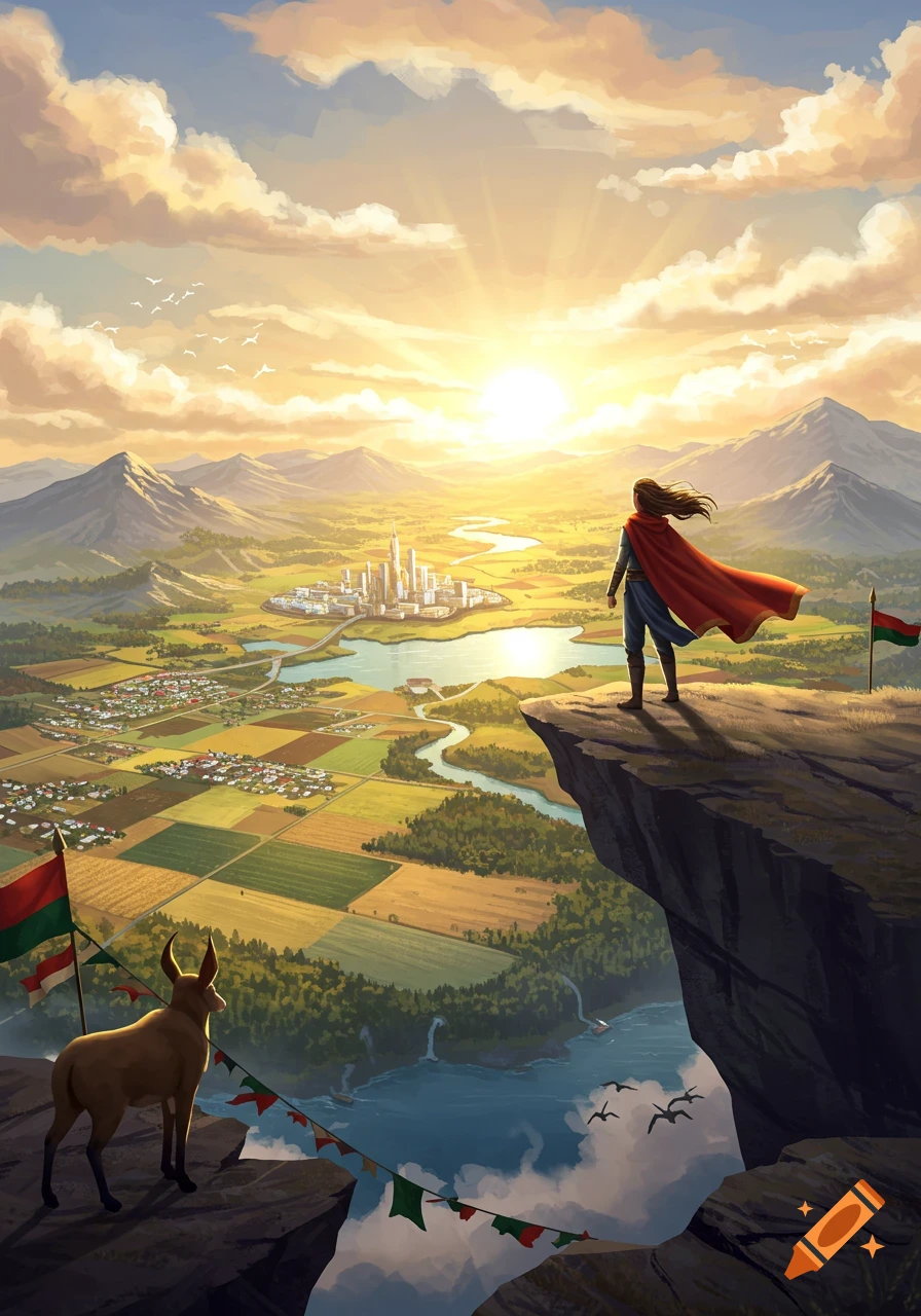 A person in a red cape and an animal stand on a cliff overlooking a city, mountains, and river at sunrise. Digital painting.