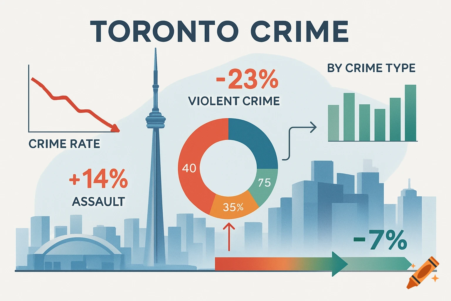 An infographic showing Toronto crime statistics, including crime rate, violent crime, assault, and crime by type, with a cityscape background.