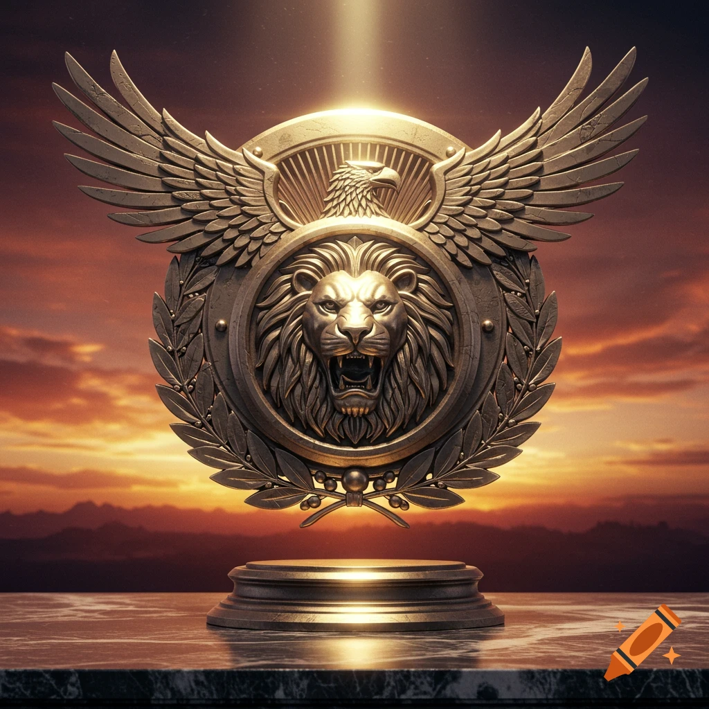 A detailed golden emblem with a roaring lion's head, an eagle, and large wings, hovering over a pedestal at sunset.