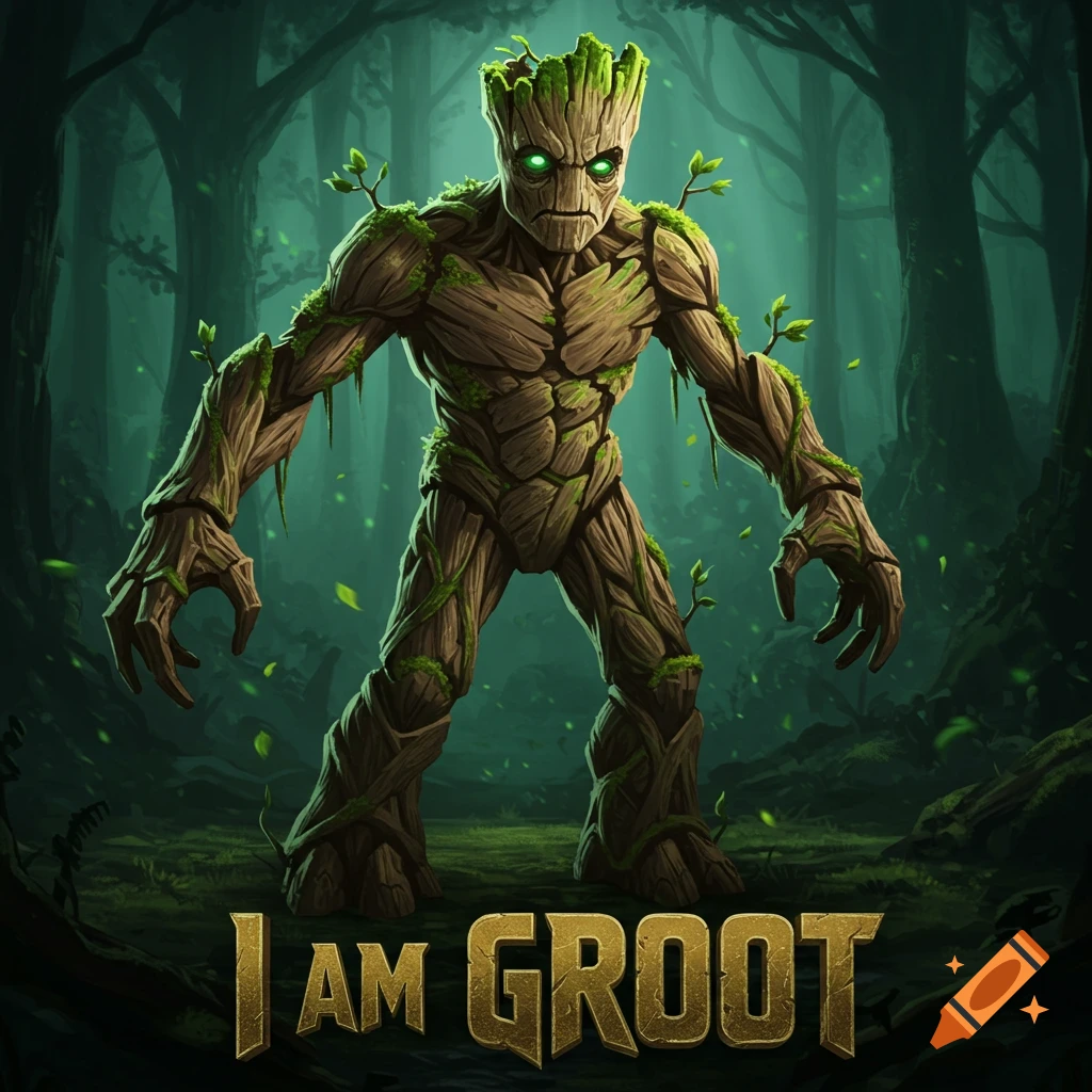 A massive, fearsome Groot with glowing green eyes stands in a dark, mystical forest with "I AM GROOT" text below, in a digital painting style.