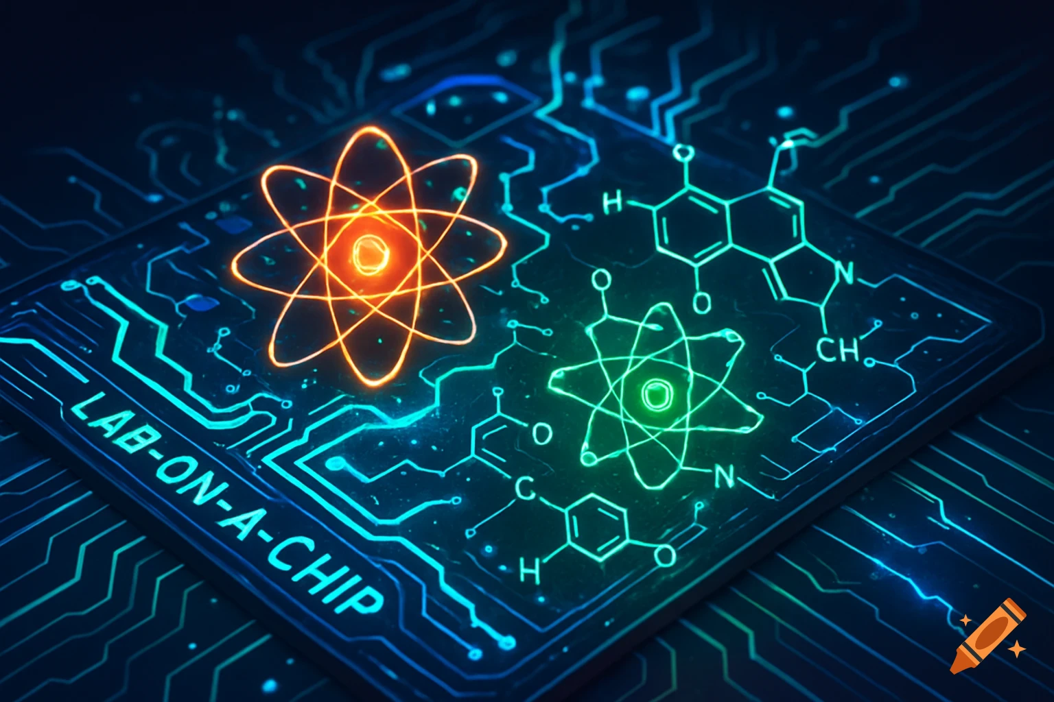 A glowing circuit board features atom models, chemical structures, and the text "LAB-ON-A-CHIP" in a futuristic, digital style.
