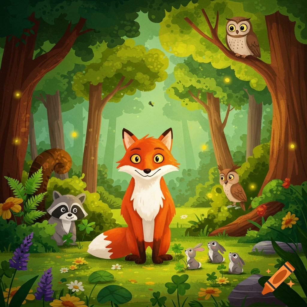 A smiling cartoon red fox sits in a lush forest clearing with a raccoon, owls, and three rabbits.