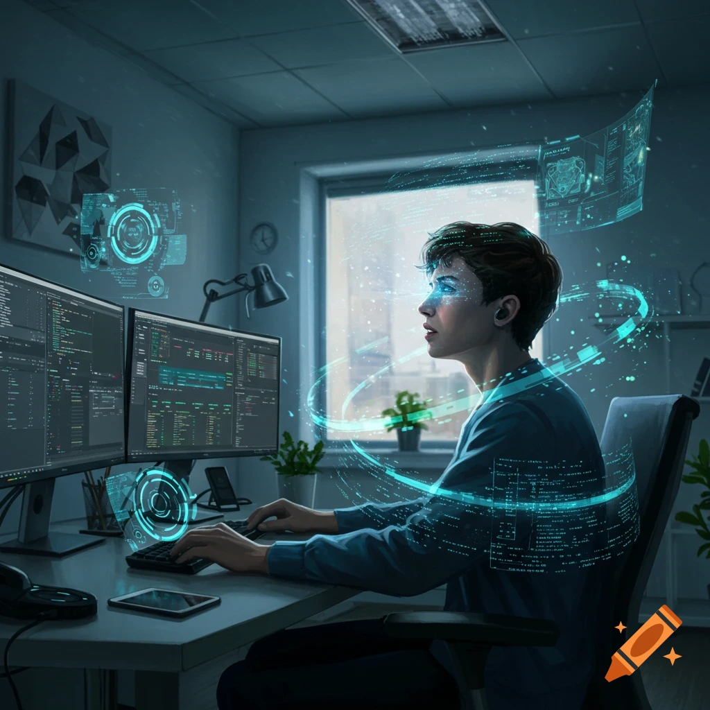 Young person coding at a desk with dual monitors and glowing holographic interfaces in a futuristic office.