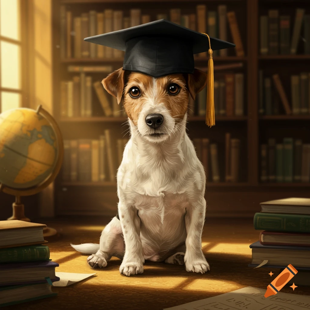 A cute Jack Russell terrier dog wearing a black graduation cap with a gold tassel sits on a sunlit floor in a library.