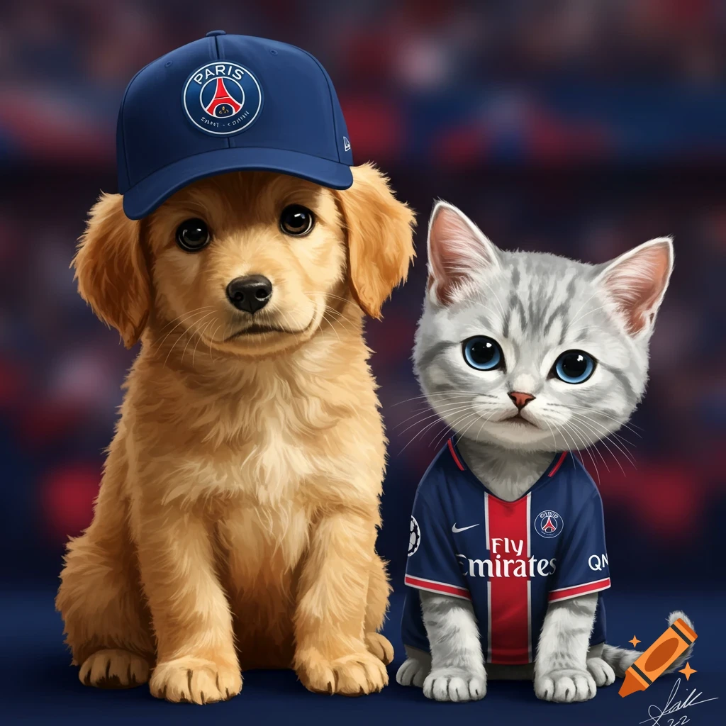A cute golden retriever puppy wearing a Paris Saint-Germain baseball cap next to a tabby kitten wearing a PSG jersey.