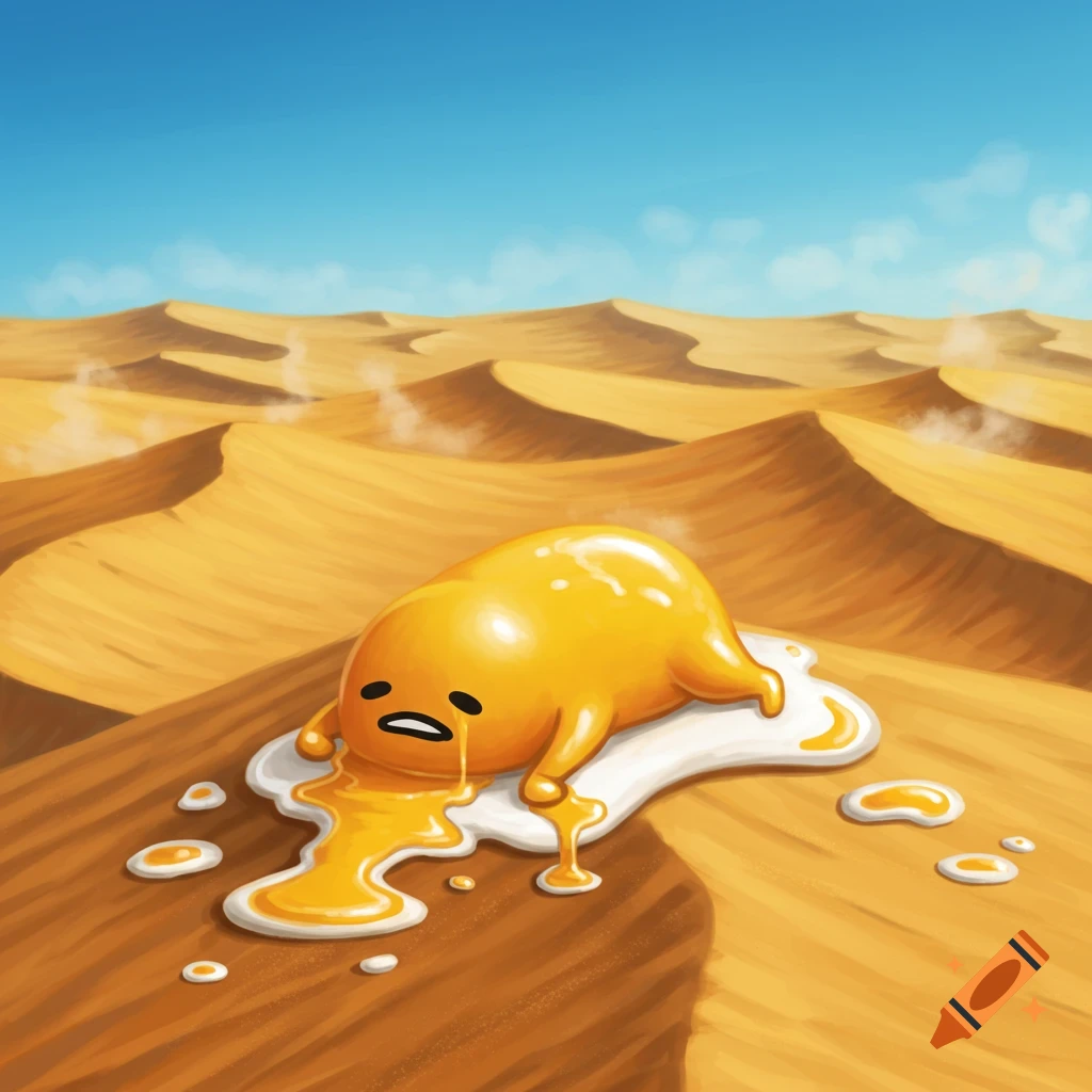 Gudetama, the lazy egg, melting sadly in a vast, sunny desert landscape.