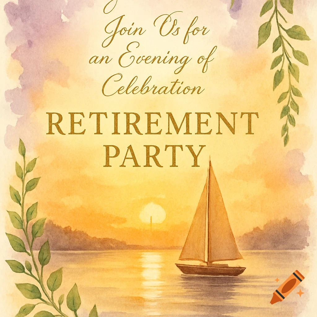 Watercolor invitation card with a sailboat at sunset, framed by green leaves, reading 'Retirement Party'.
