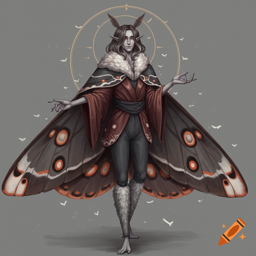 An elegant moth-like humanoid character with long dark hair, red eyes, antennae, and large moth wings on a cape, standing against a grey background.