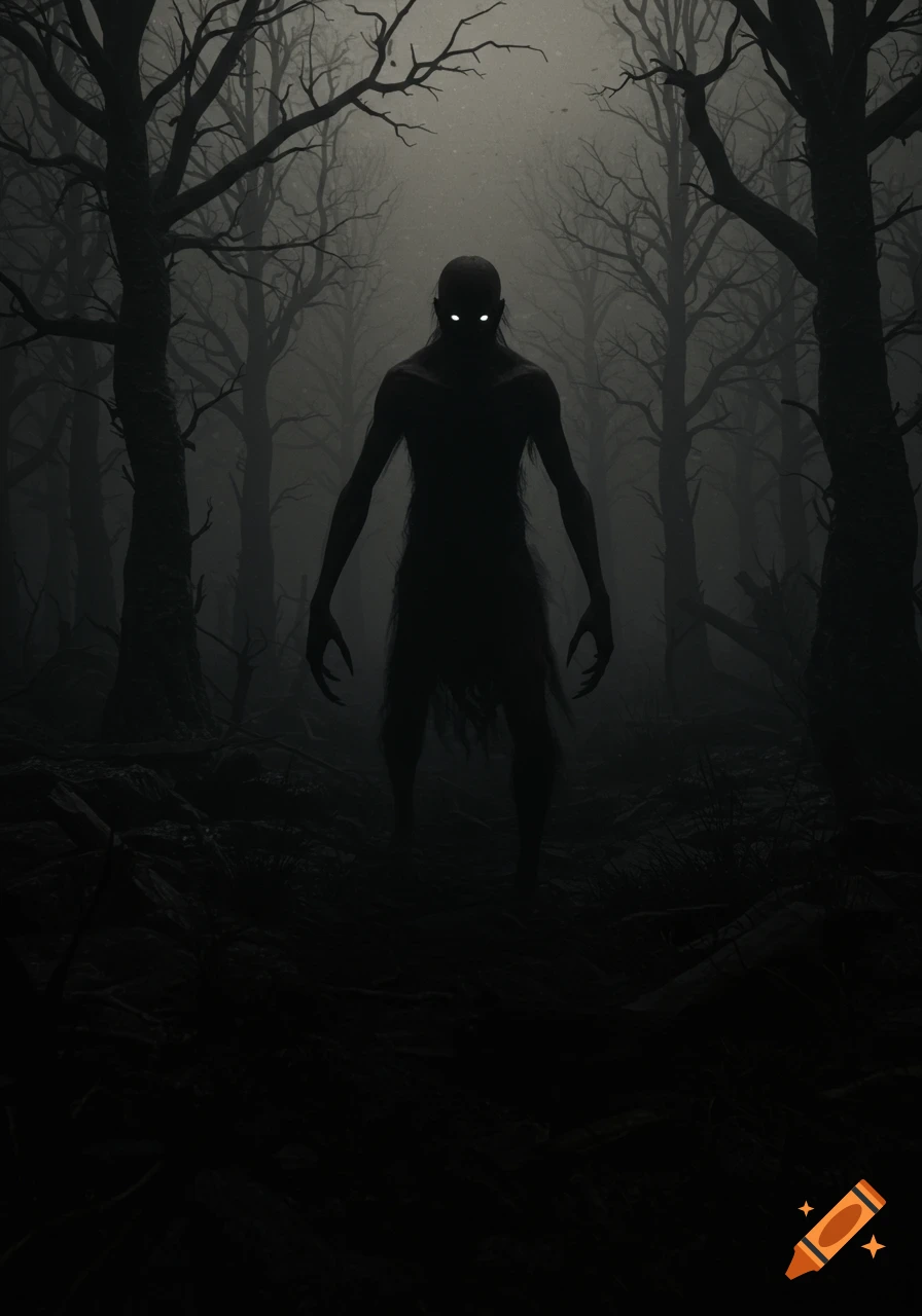 A dark, shadowy creature with glowing white eyes stands in a desolate, foggy forest of bare trees, in a gothic horror style.