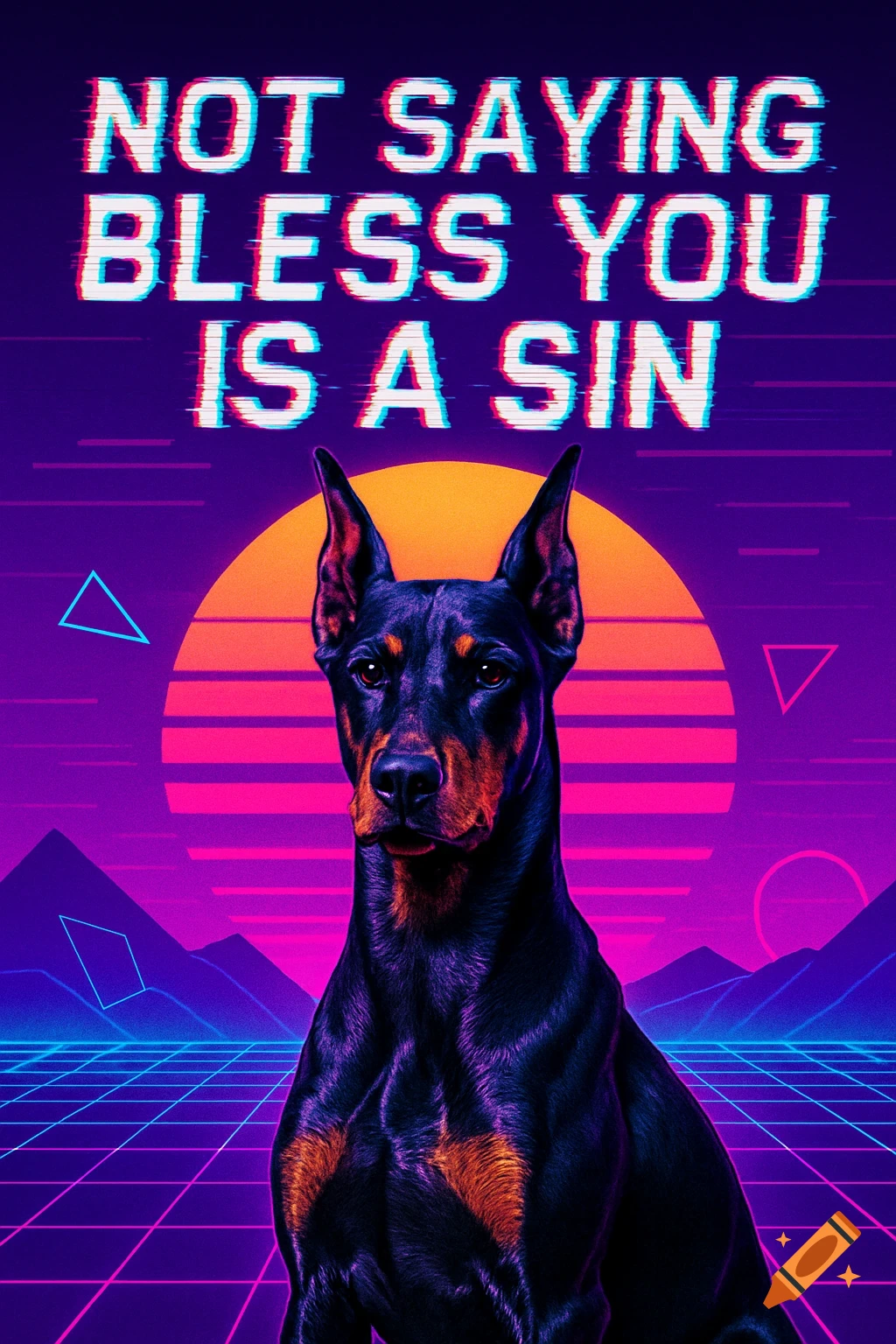 A Doberman dog with cropped ears in a vibrant vaporwave landscape, featuring a grid floor and a large sunset, with glitch-effect text 'NOT SAYING BLESS YOU IS A SIN' above.
