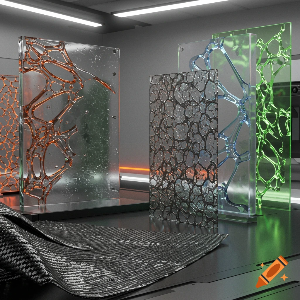 Multiple clear panels with abstract internal structures in orange, dark, blue, and green, displayed in a modern, minimalist setting with textured fabric.