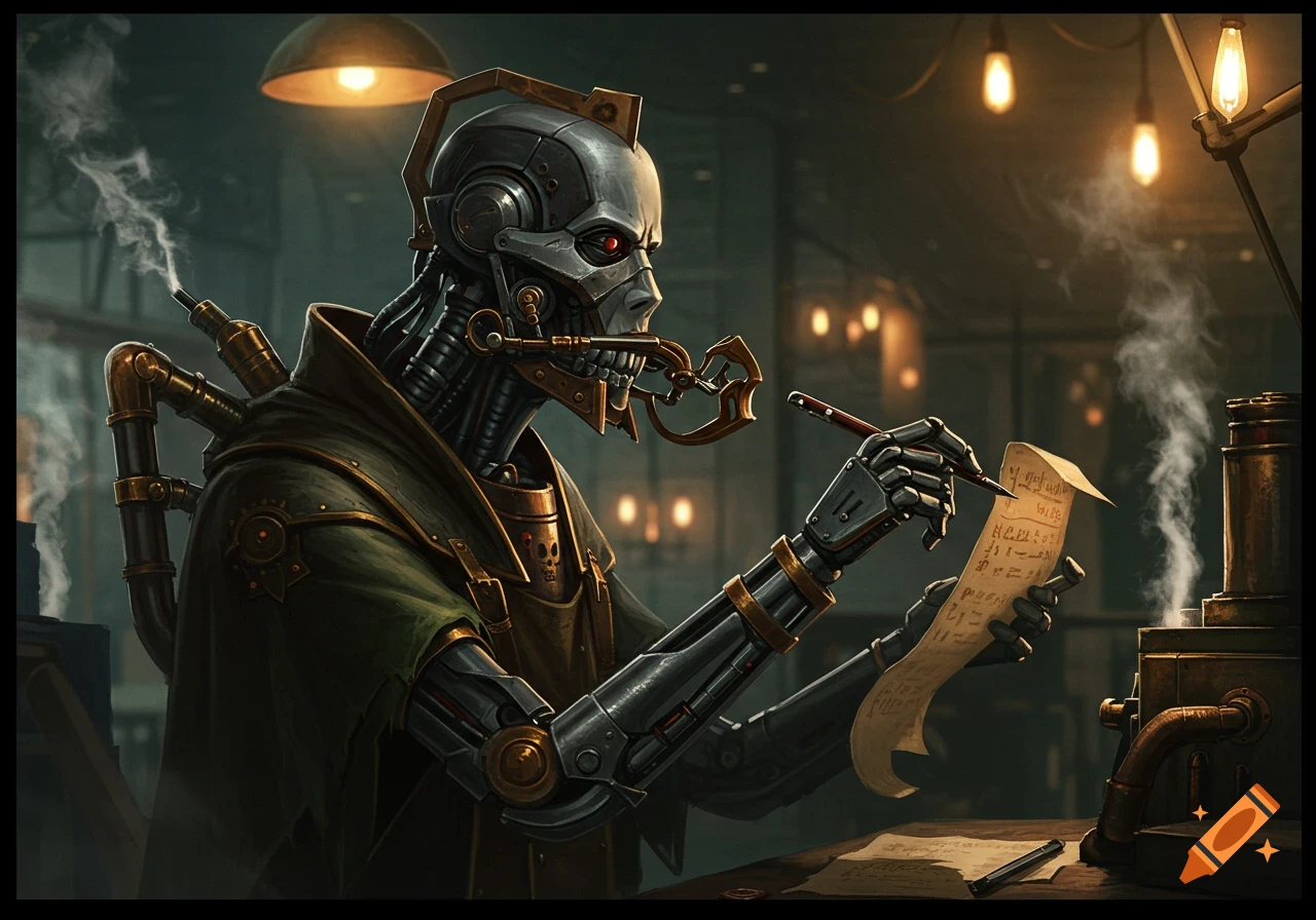 A steampunk servitor with a scribing tool for a jaw writes on a scroll in a dimly lit, industrial workshop.