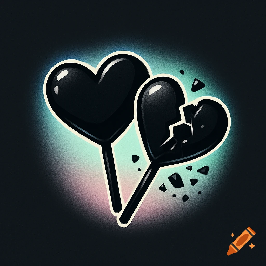 Illustration of two black heart lollipops, one whole and one broken, with pastel backlighting.