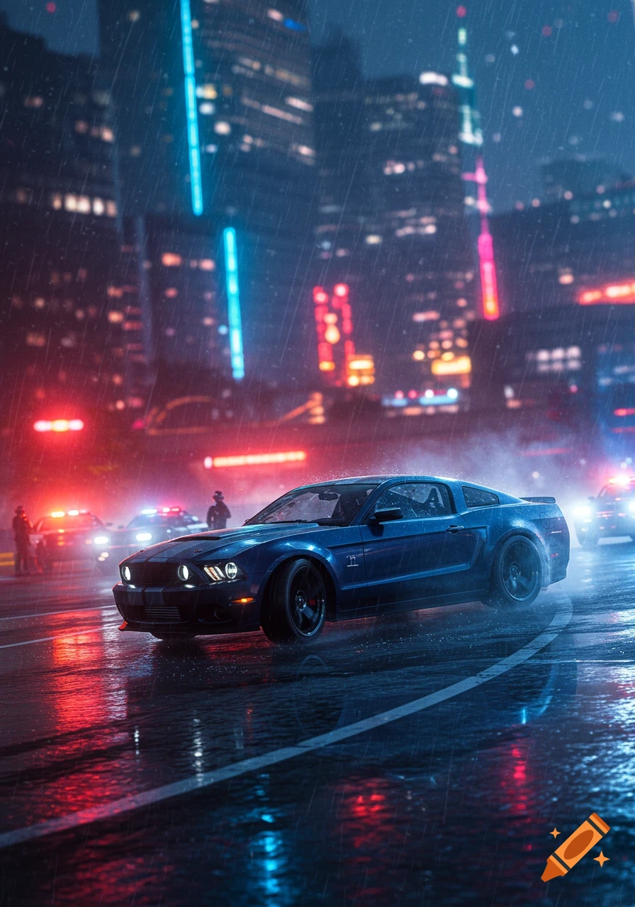 Blue Mustang drifts on a rainy, neon-lit city street with police cars in the background.