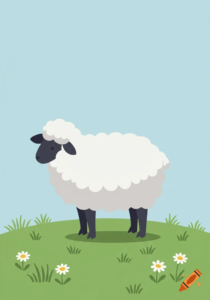 A simple cartoon illustration of a white sheep with a black face and legs standing in a green field with daisies under a clear blue sky.