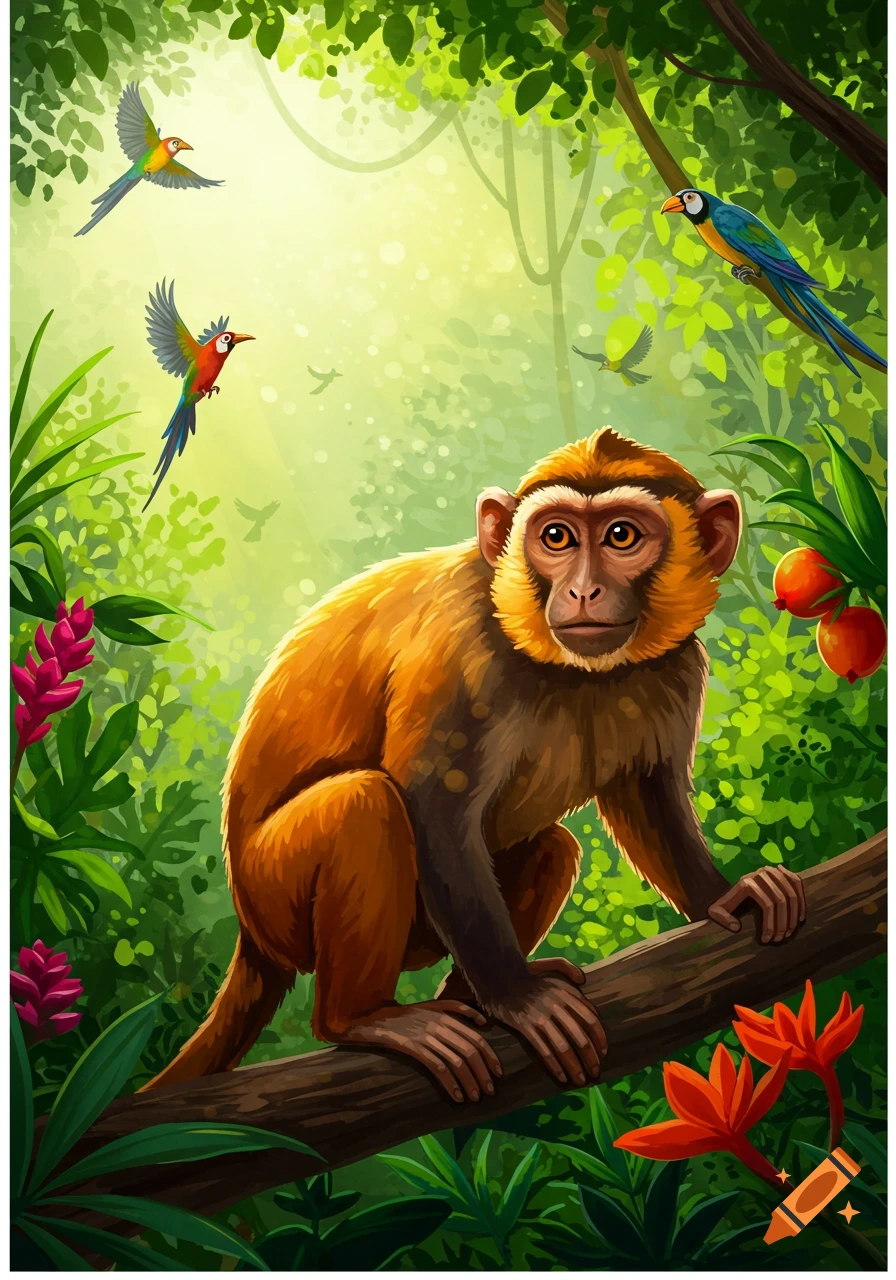 A vibrant illustration of a monkey sitting on a tree branch in a lush green jungle with colorful birds flying.