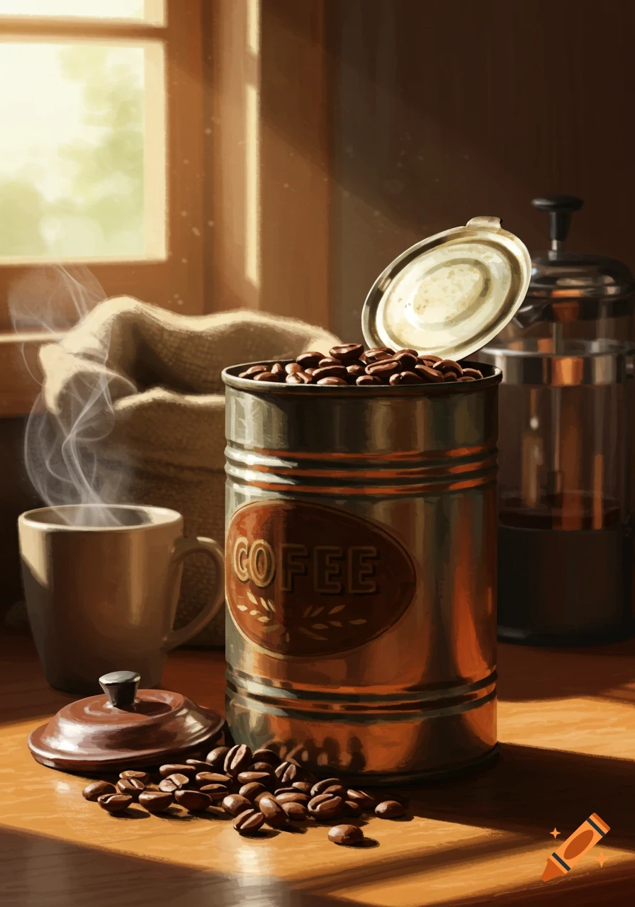 A warm, painterly still life showing an open coffee can full of beans, spilled beans, a steaming mug, and a French press bathed in sunlight.