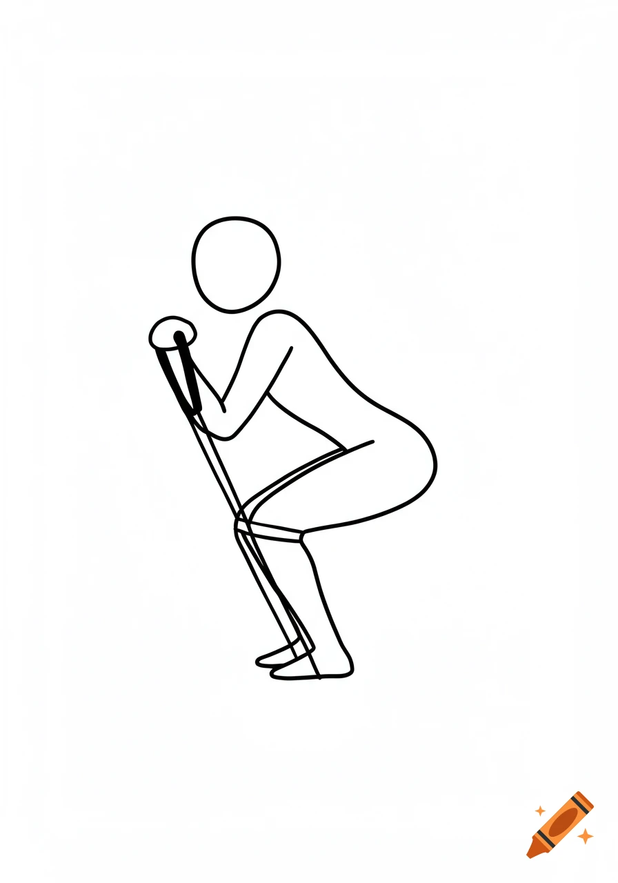 A black and white stick figure performs a squat with a resistance band in a minimalist line art style.