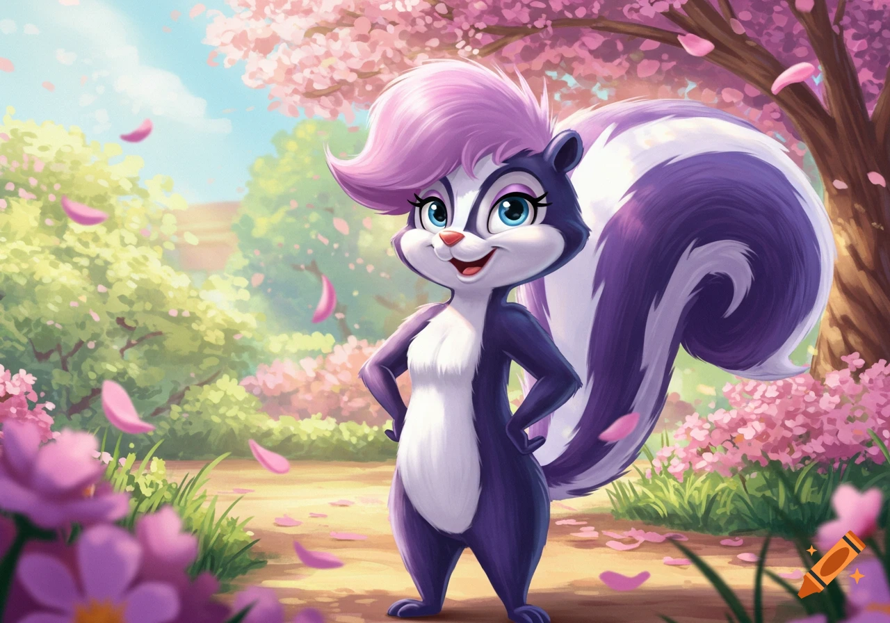 A cheerful cartoon skunk with purple and white fur and pink hair stands in a vibrant spring garden with falling cherry blossoms.