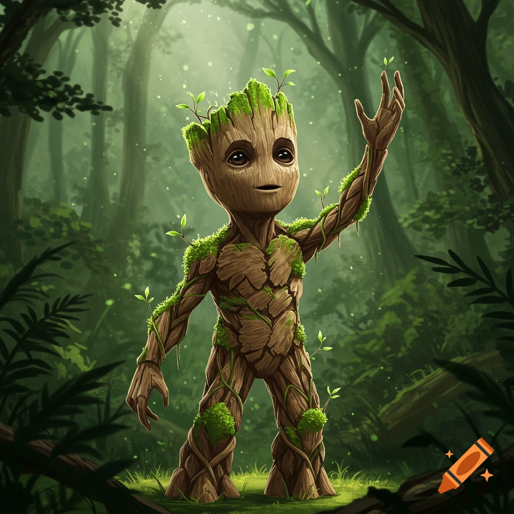 Baby Groot, a small tree-like character with moss and leaves, stands with one arm raised in a lush, magical forest.