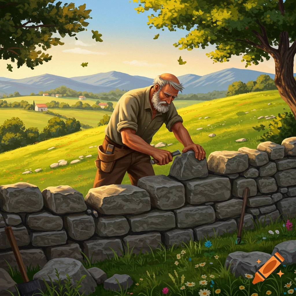 An old man, a stonemason, builds a stone wall with a chisel in a sunny, green, hilly rural landscape. The image has a stylized, painterly look.