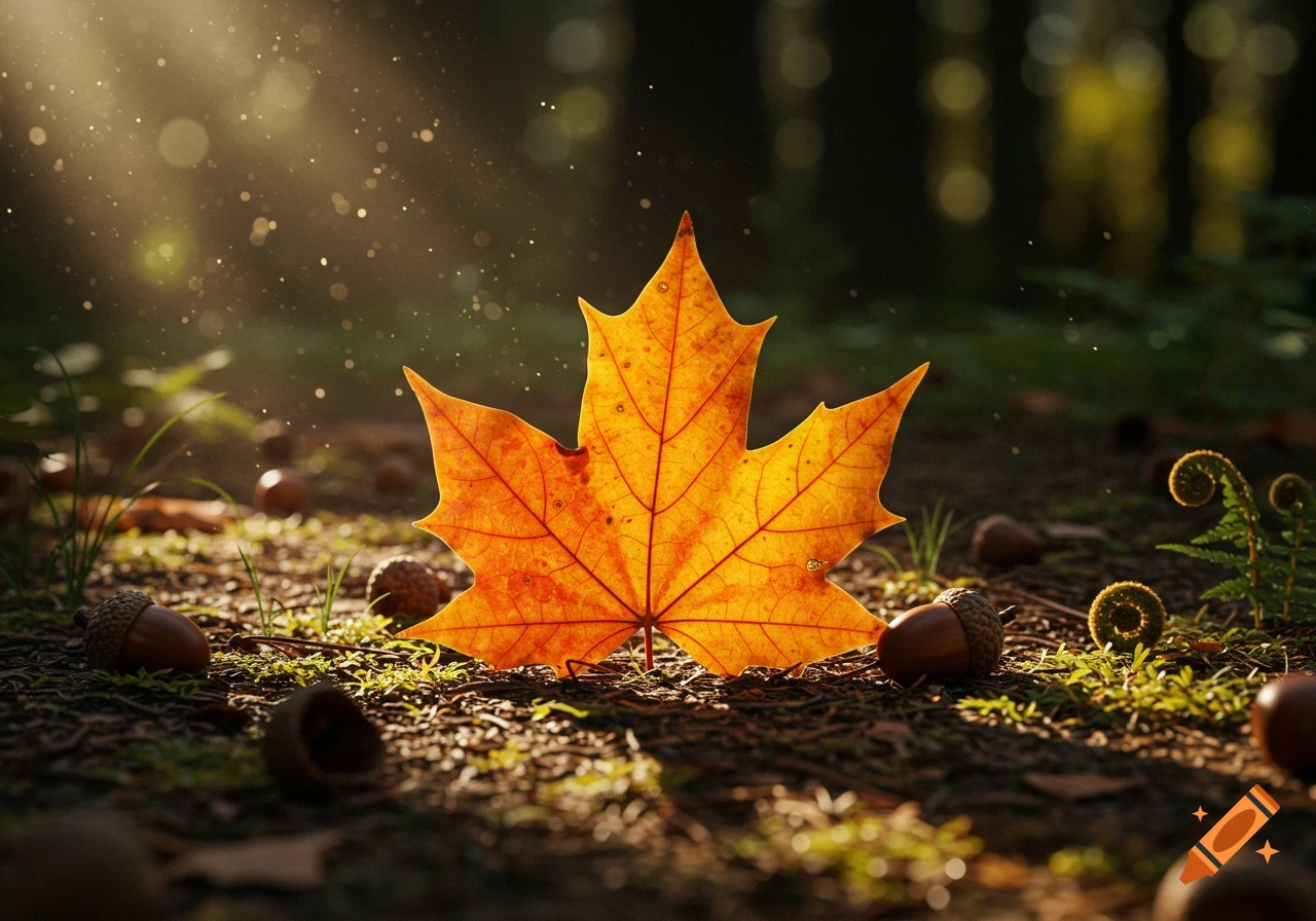 Vibrant orange-yellow maple leaf on a forest floor, bathed in dappled sunlight, with acorns and ferns. Photorealistic.