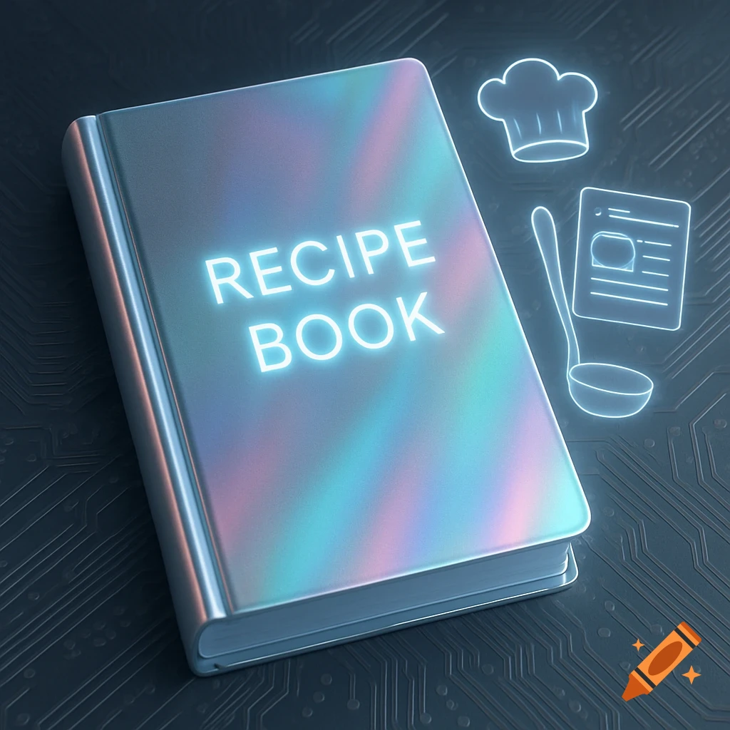 A futuristic, holographic recipe book with glowing text 'RECIPE BOOK' surrounded by glowing kitchen icons on a circuit board background.