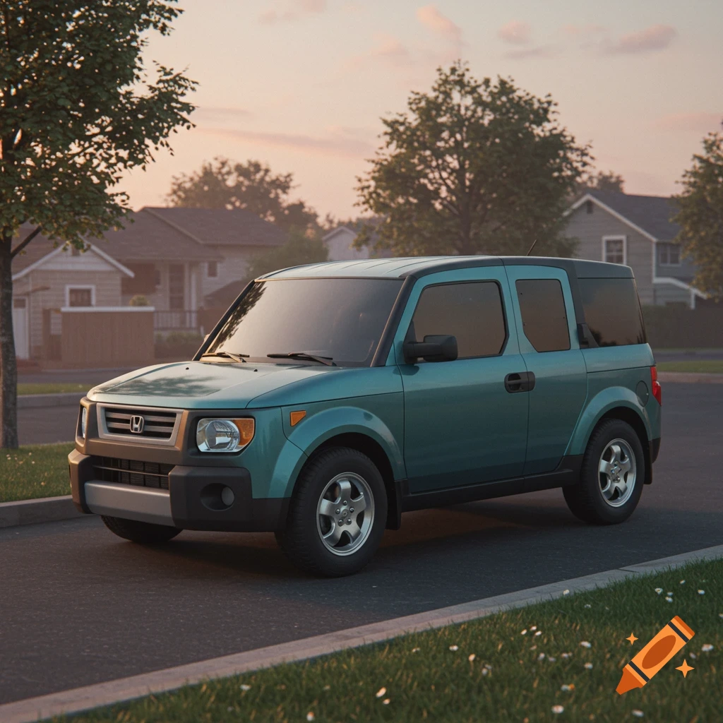 A teal Honda Element SUV parked on a suburban street with houses and trees under a sunset sky.