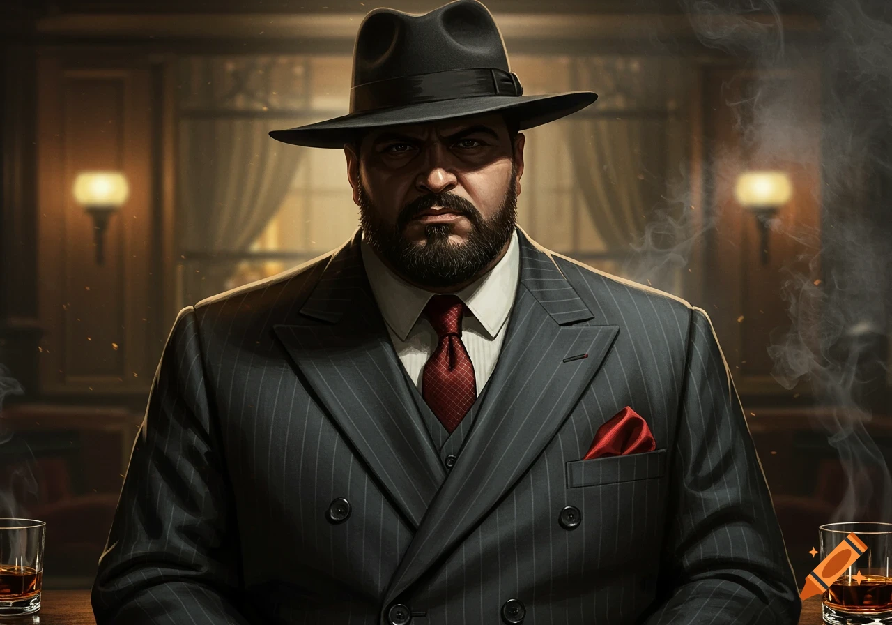 A photorealistic portrait of a stern, bearded man in a pinstripe suit and fedora, sitting in a dimly lit, smoky room with a drink.