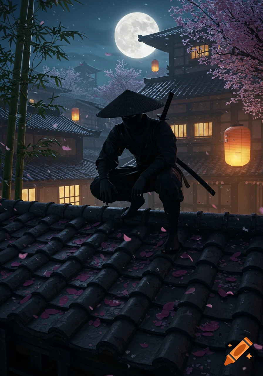 A ninja in a straw hat crouches on a moonlit Japanese rooftop with cherry blossoms and lanterns.