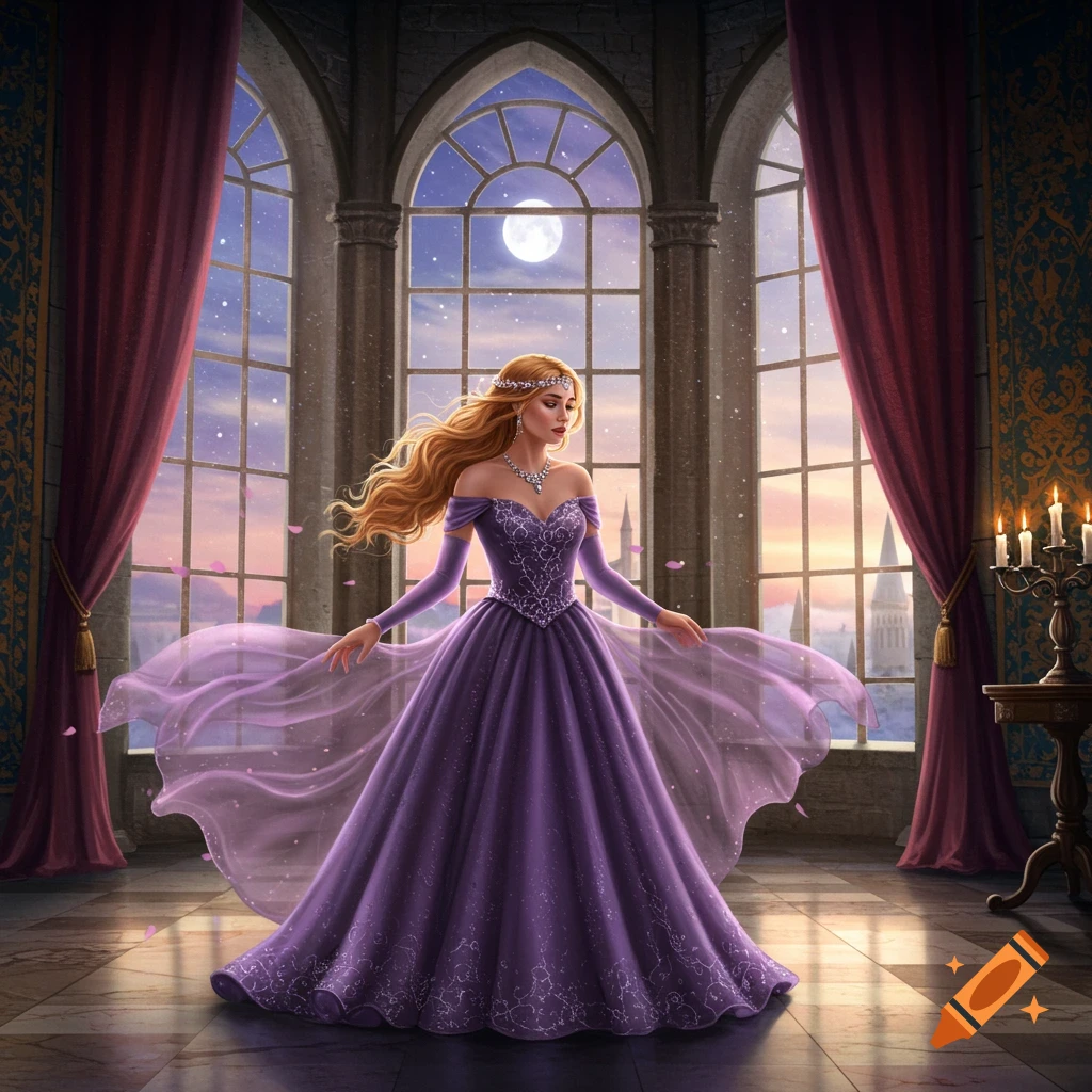 A princess in a flowing purple gown stands in a grand castle room with arched windows overlooking a moonlit sunset.