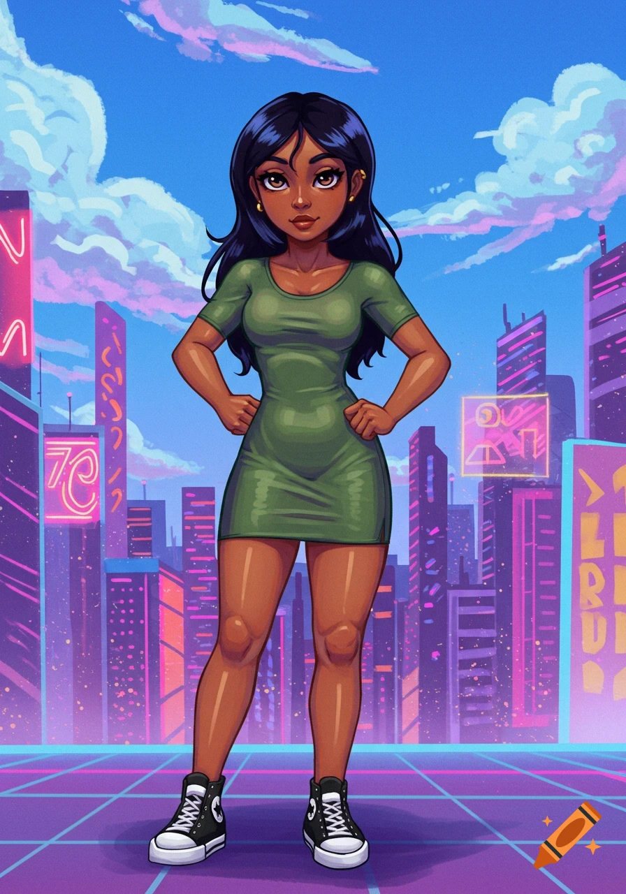 Powerpuff Girls anime-style woman with dark skin and black hair in a green dress and black converse stands in a neon-lit cyberpunk city.