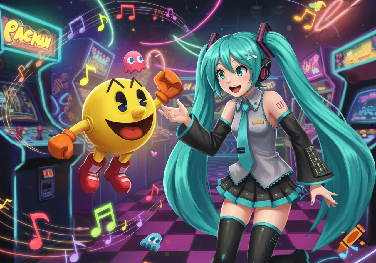 Hatsune Miku and Pac-Man in a vibrant, neon-lit arcade with musical notes, anime style.