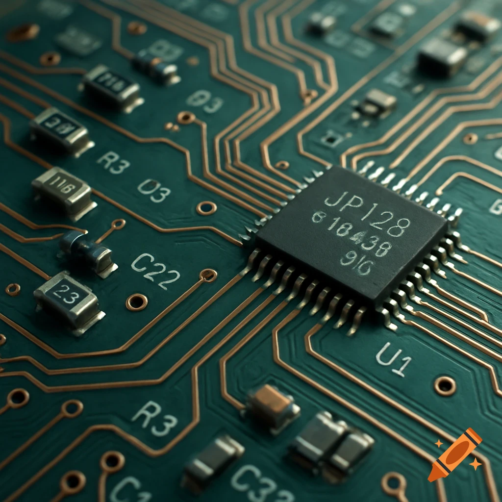 Close-up of a green electrical circuit board with a black microchip and other electronic components.