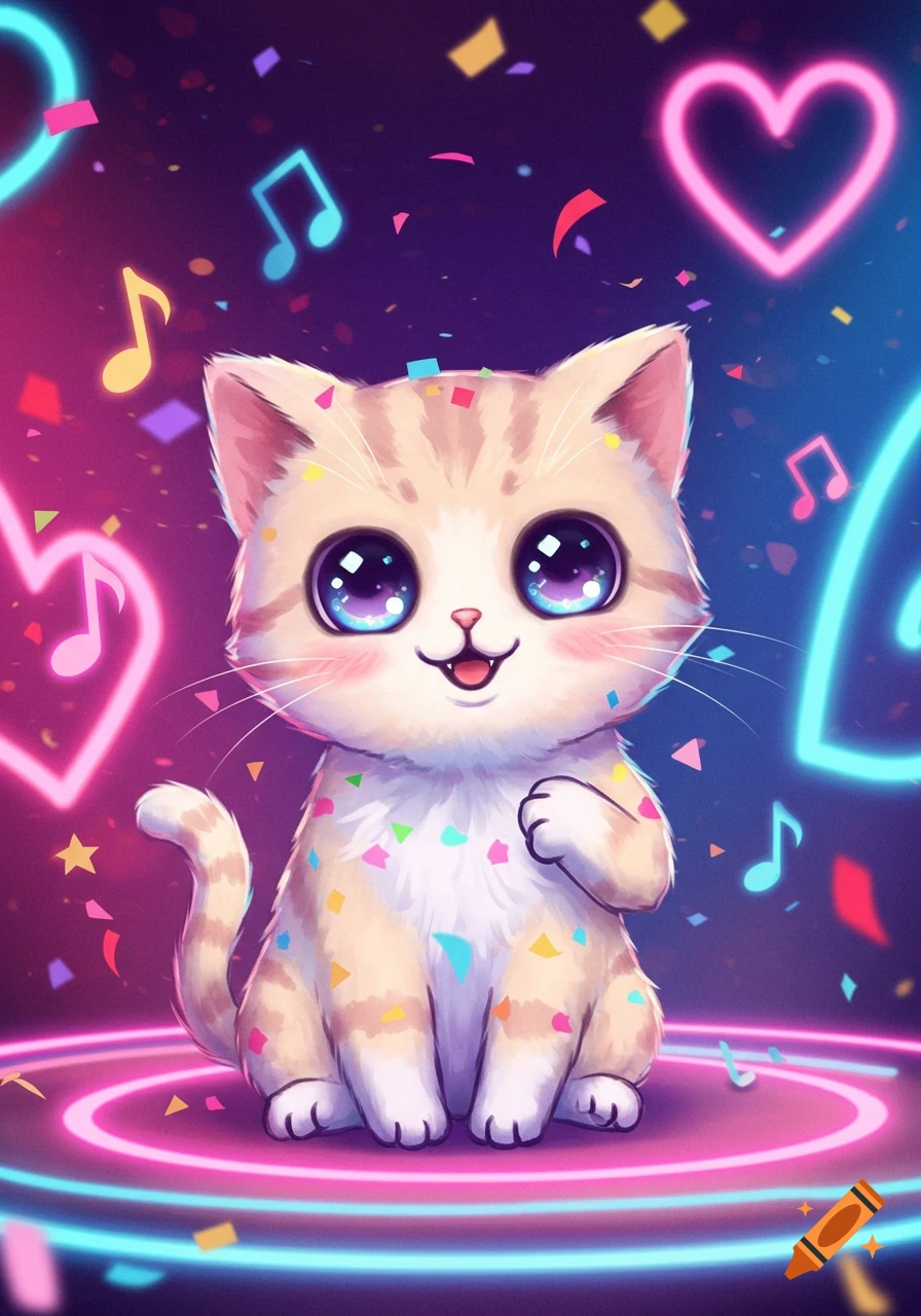 A cute, big-eyed cartoon cat with confetti on its fur, surrounded by neon hearts, musical notes, and bright lights on a dark background.