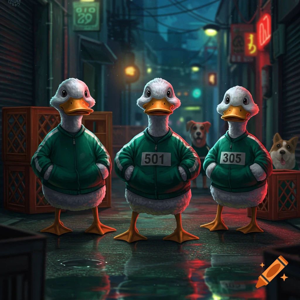 Three cartoon ducks in green Squid Game tracksuits stand on a wet urban street at night, with two dogs in the background.