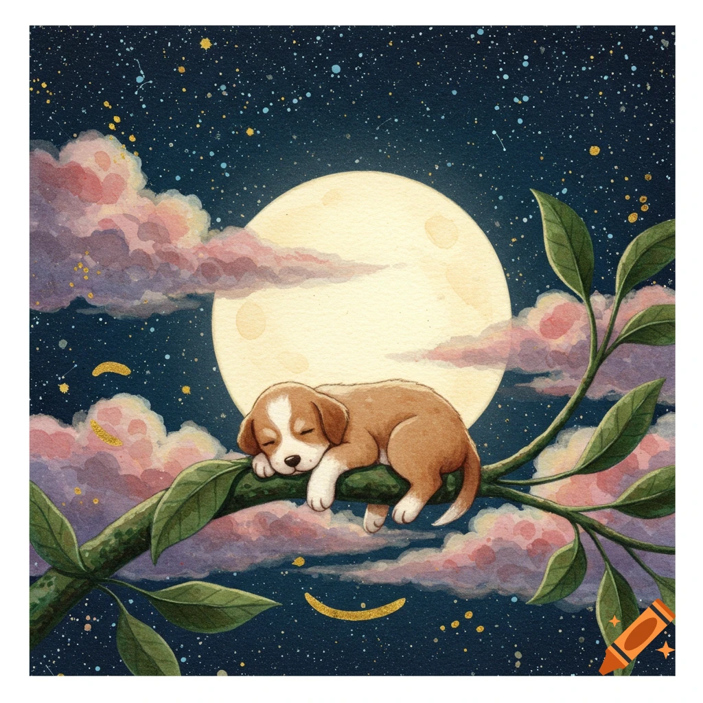 Watercolor of a sleeping puppy on a leafy branch under a full moon in a starry night sky with pink clouds.