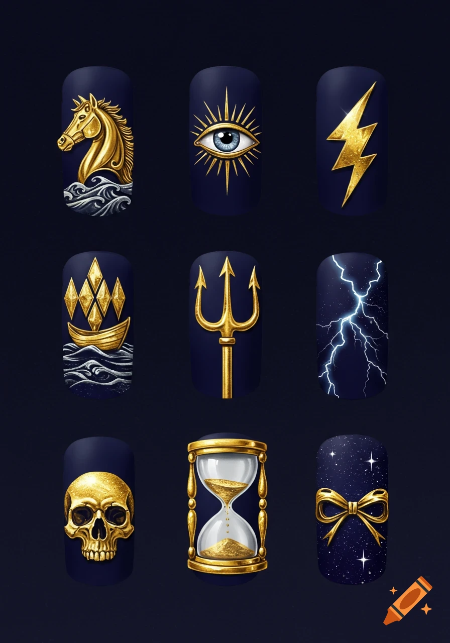 Nine gold and silver symbolic nail designs on a navy background, featuring a horse, eye, lightning, boat, trident, lightning strike, skull, hourglass, and bow.