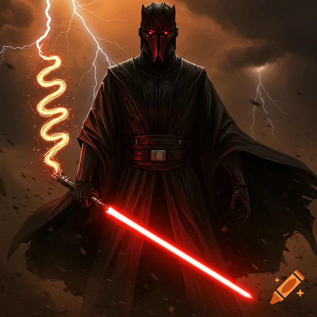 A dark figure in black armor and robes holds a red lightsaber and a glowing yellow wavy weapon, with lightning in the stormy sky.