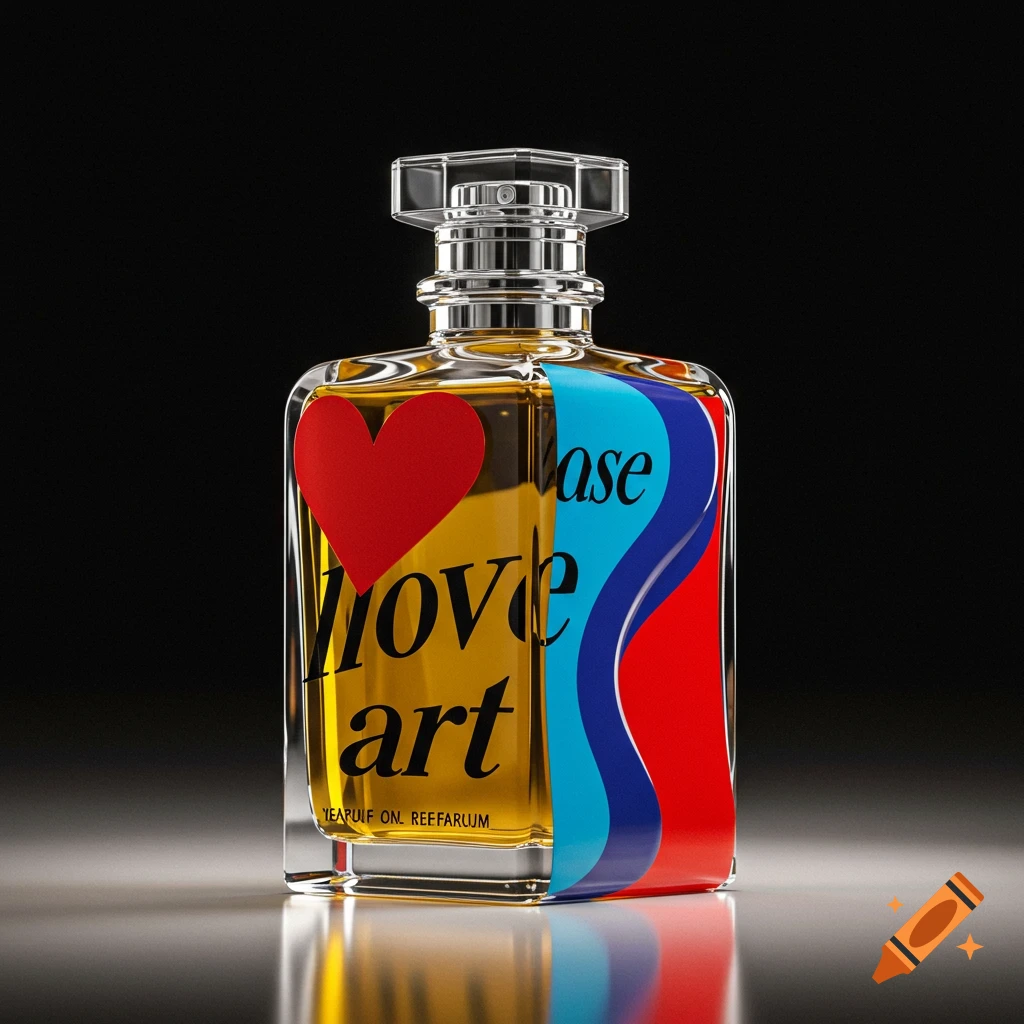 A perfume bottle in the style of Robert Indiana, featuring a red heart, 'Love art' text, and colorful wavy stripes on a dark background.
