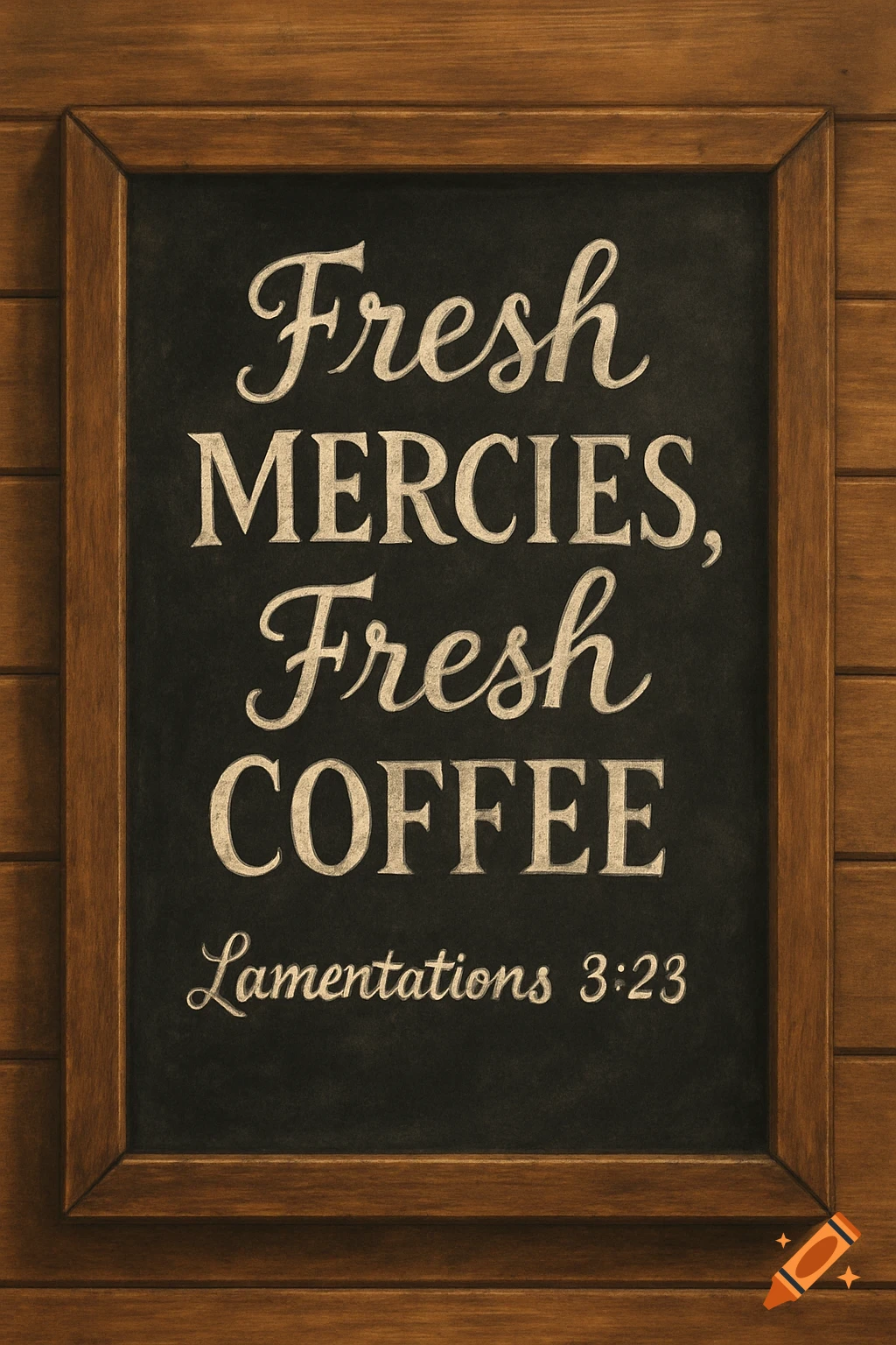 A chalkboard sign with 'Fresh Mercies, Fresh Coffee' and 'Lamentations 3:23' in chalk, framed on a wooden wall.