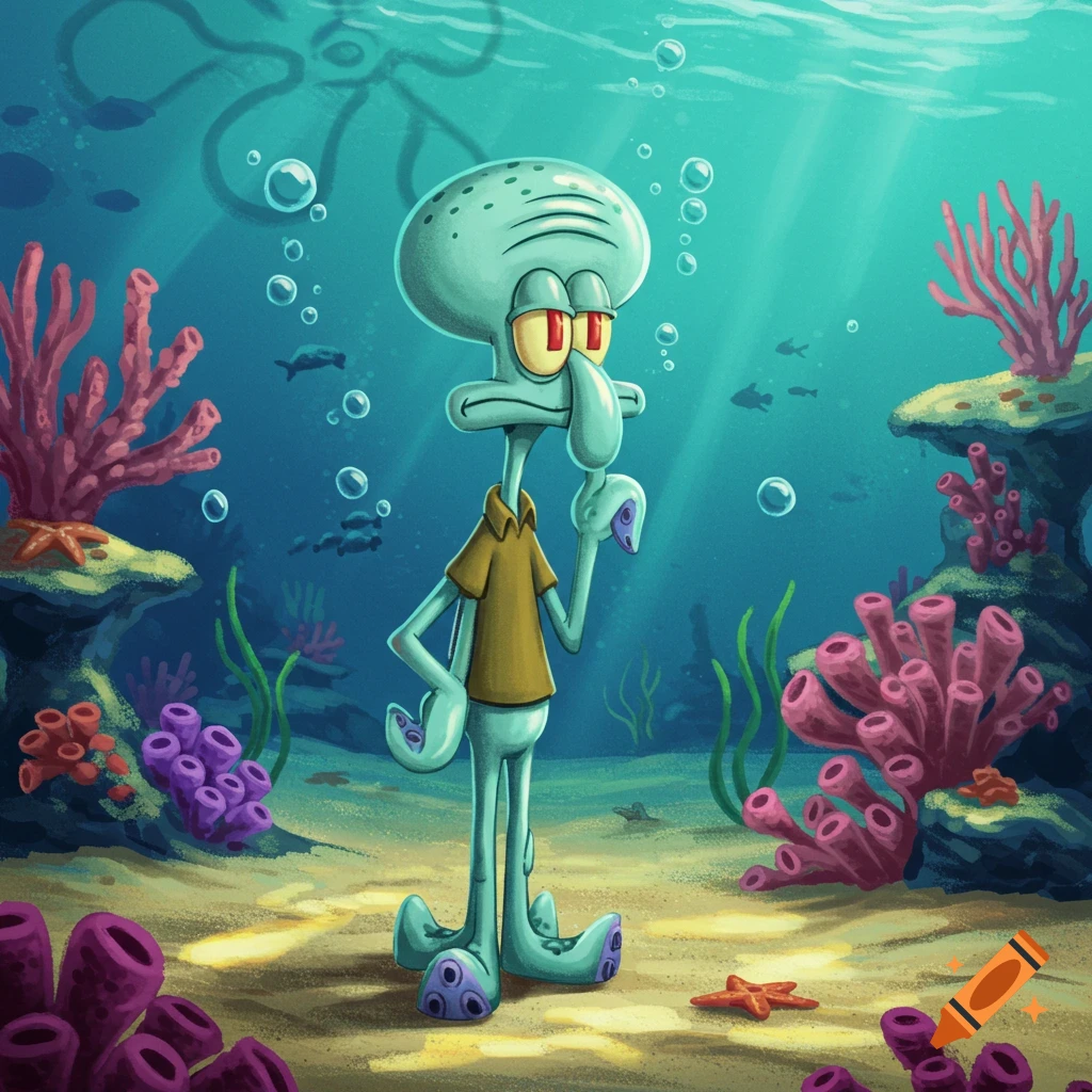 A stylized cartoon Squidward stands underwater among colorful corals and rocks, with light rays filtering from above.