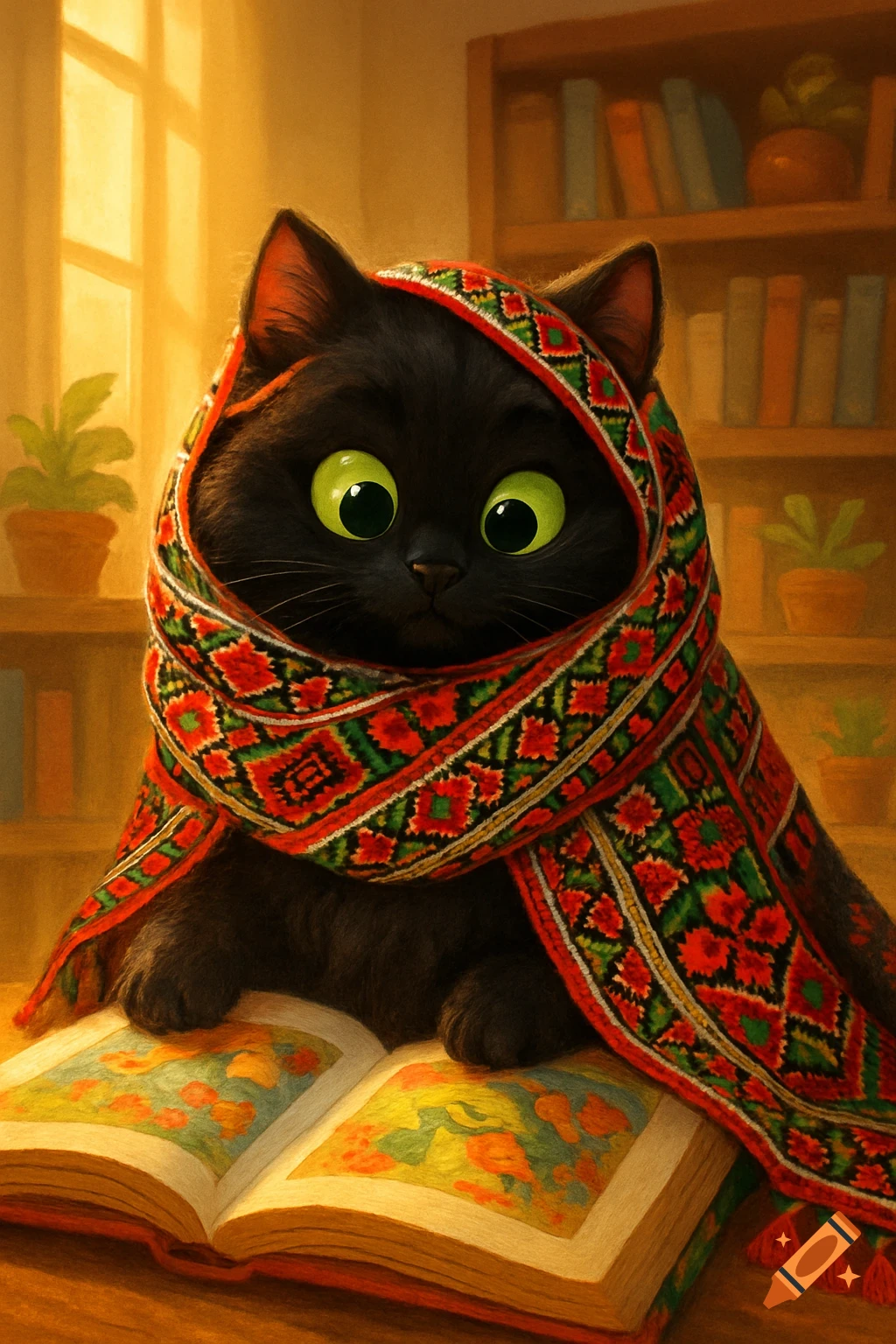 A fluffy black cat with big green eyes, wearing a red and green patterned scarf, looking at an open book in Disney Pixar style.