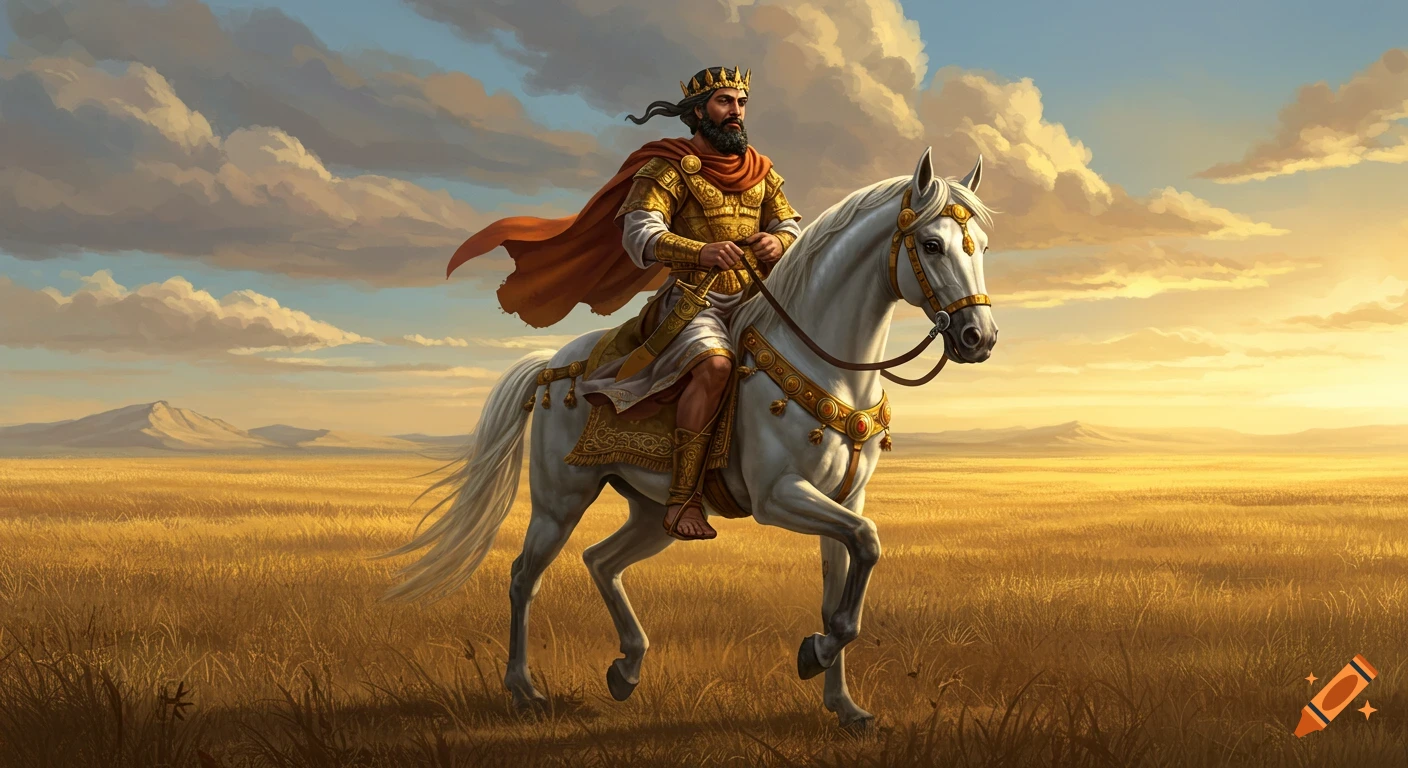 A king with a crown and golden armor rides a white horse through a golden field at sunset.