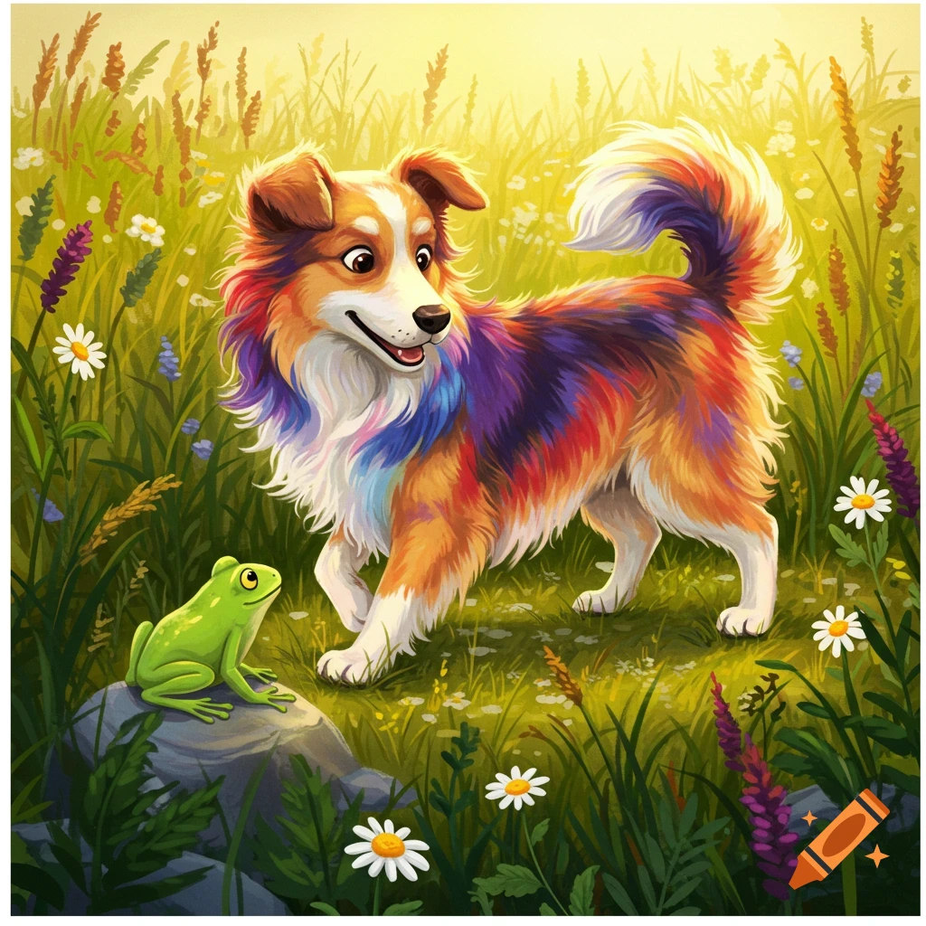 A cartoon illustration of a happy, rainbow-colored dog smiling at a green frog on a rock in a sunny, grassy field with wildflowers.