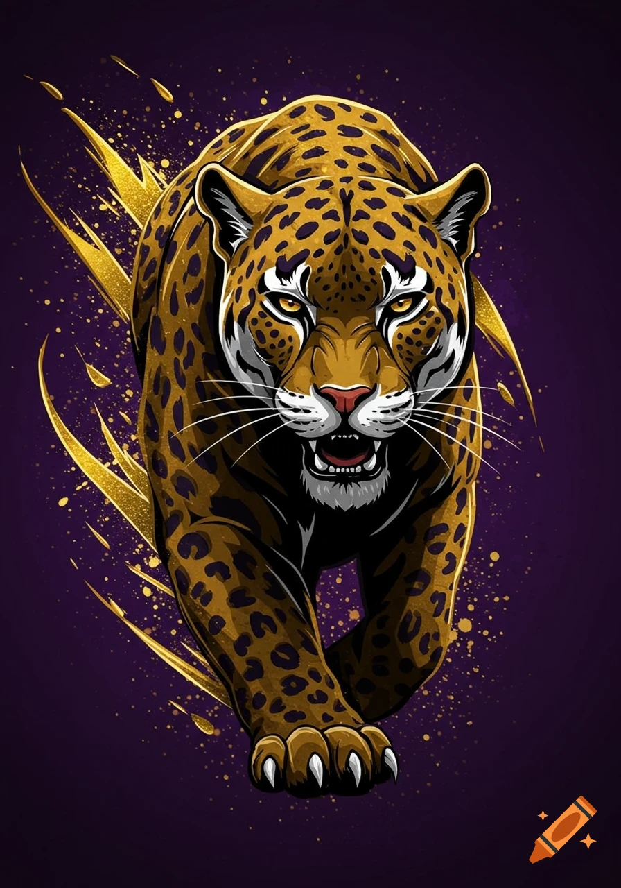 Stylized jaguar or panther with leopard print in gold and brown, lunging forward against a dynamic purple background with gold splashes.