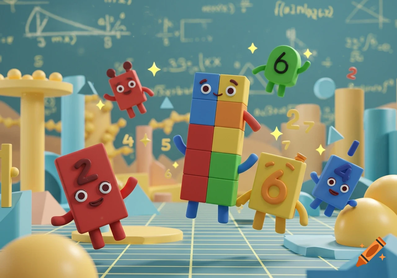 Colorful, block-shaped number characters with faces play in a math-themed environment with equations on a chalkboard background.
