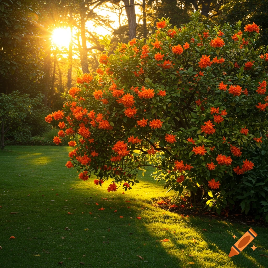 Orange flowering bush in a sunlit garden at sunset, with rays of light and long shadows on green grass.