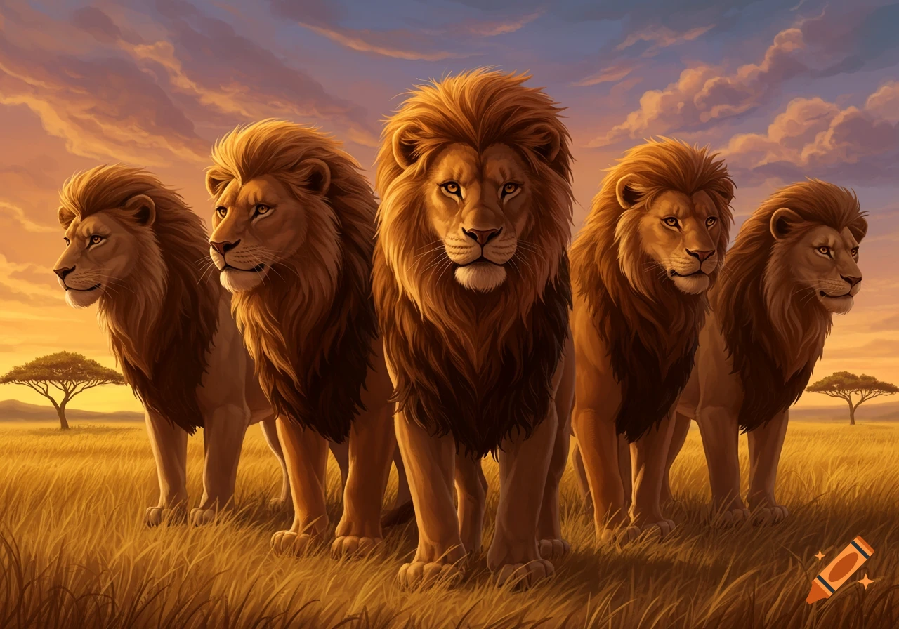 Five majestic male lions stand in a golden savanna at sunset, illustrated in a painterly style.