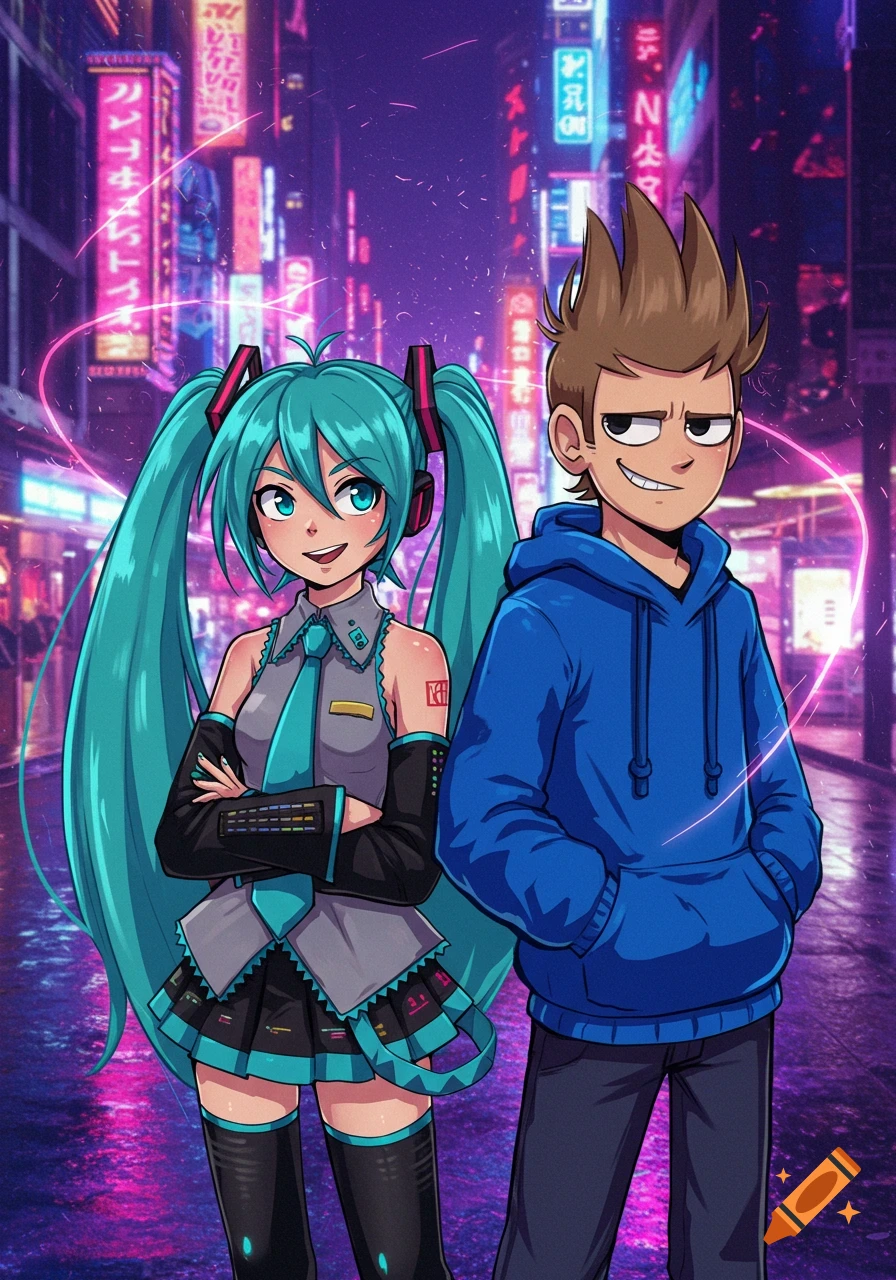 Hatsune Miku and Tom from Eddsworld stand in a neon-lit cyberpunk city street, drawn in a cartoon and anime style.